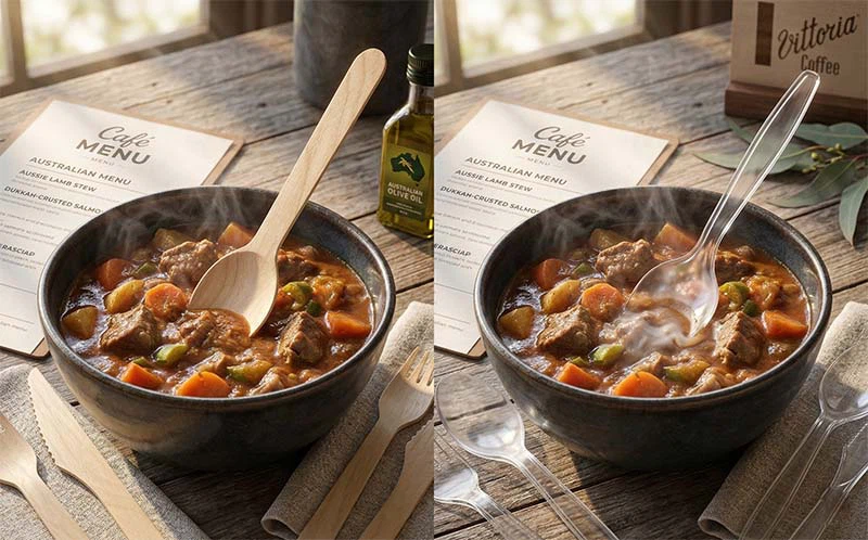 Side-by-side comparison of eco friendly wooden fork and spoon vs. PLA cutlery in hot food, showing birch wood's heat resistance for Australian catering businesses. Side-by-side comparison of eco friendly wooden fork and spoon vs. PLA cutlery in hot food, showing birch wood's heat resistance for Australian catering businesses.